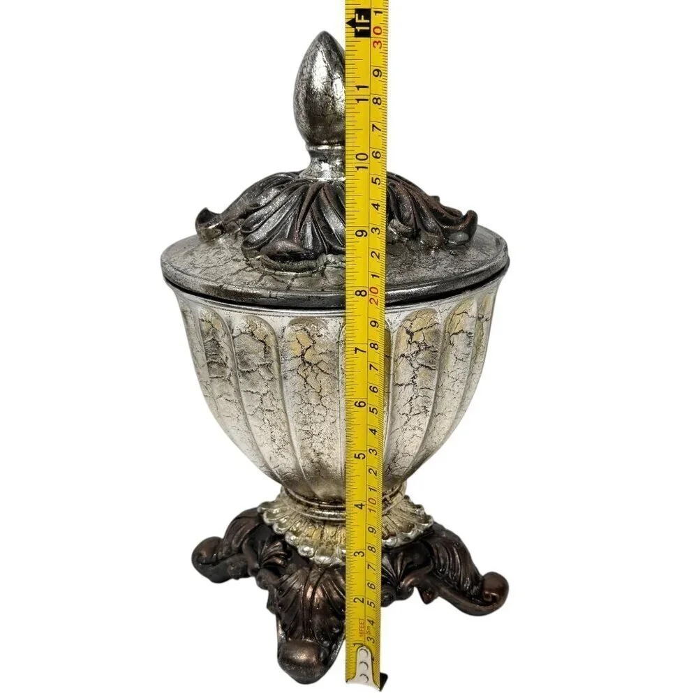 NEW Decorative Vase With Lid Silver Textured 4 Legged Ornate Vintage Style 12 x7